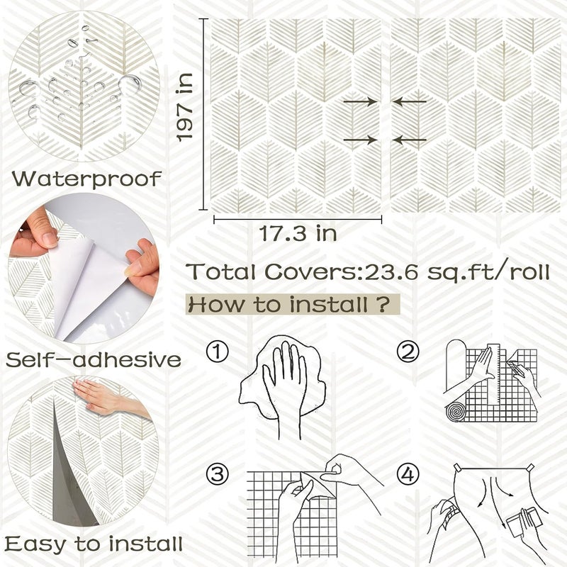 OSECAGE Modern Peel and Stick Wallpaper 17.3''×197'' Self Adhesive Wallpaper Boho Contact Paper Beige and White Geometric Wall Paper Removable Decorative Wallpapers for Bedroom Bathroom Cabinets Decor Vinyl - Image 3